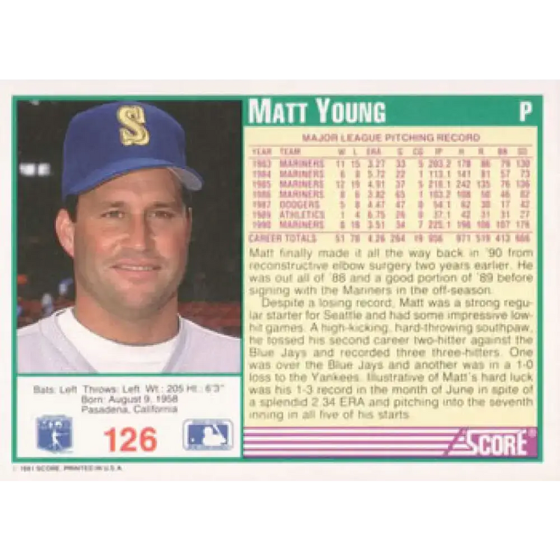 1991 Score #126 Matt Young NM-MT Seattle Mariners Baseball Card - Baseball Card Single