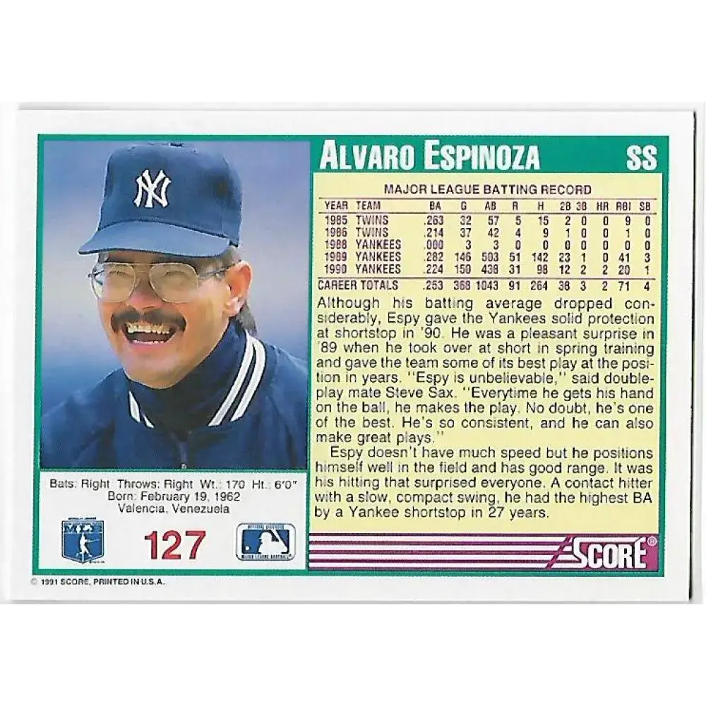 1991 Score #127 Alvaro Espinoza NM-MT New York Yankees Baseball Card - Baseball Card Single