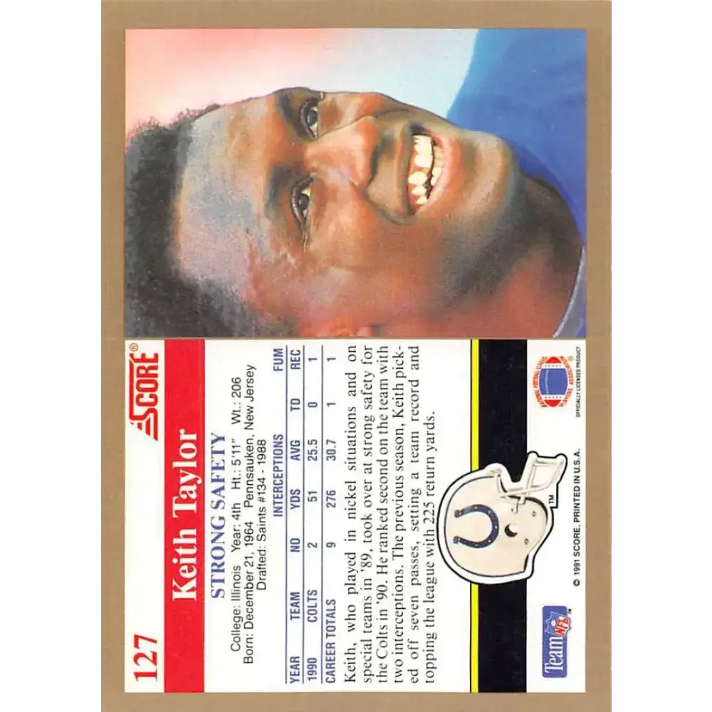 1991 Score #127 Keith Taylor EX Excellent Indianapolis Colts Football Card - Football Card Single