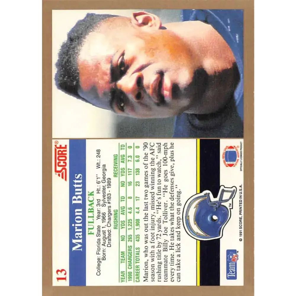 1991 Score #13 Marion Butts EX Excellent San Diego Chargers Football Card - Football Card Single