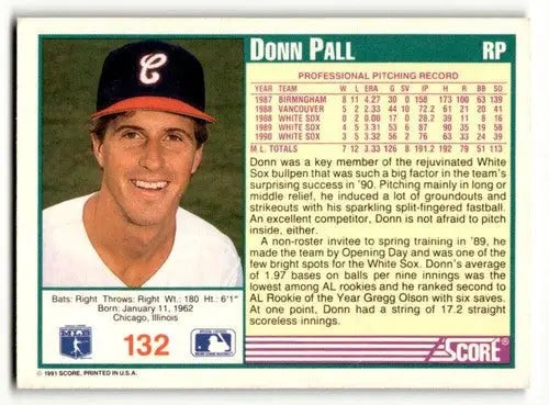 Original gloss Donn Pall Chicago baseball card from 1991 Score series featuring Pall Chicago White Sox