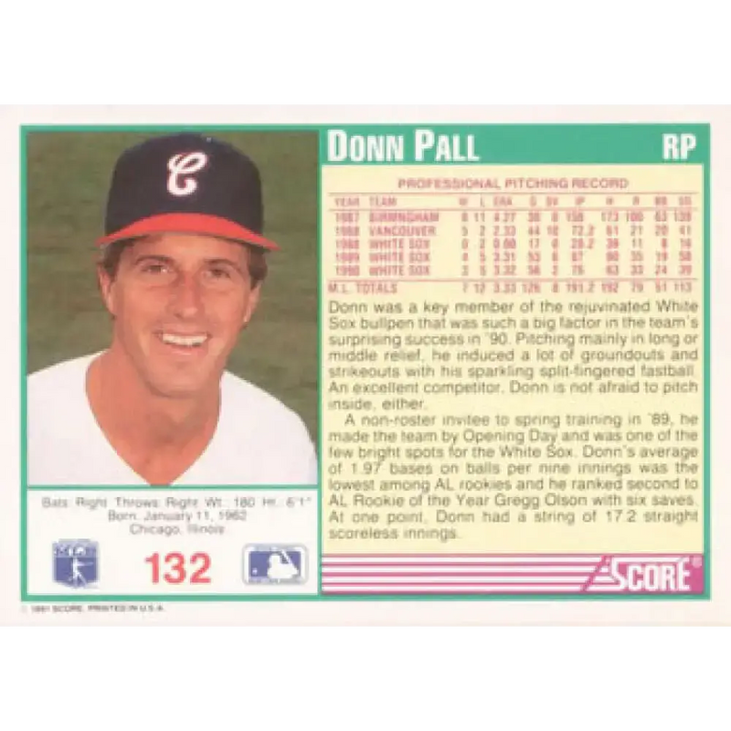 1991 Score #132 Donn Pall UER NM-MT Chicago White Sox Baseball Card - Baseball Card Single