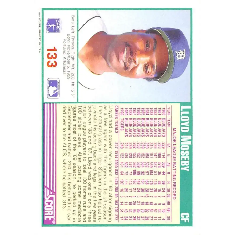 1991 Score #133 Lloyd Moseby NM-MT Detroit Tigers Baseball Card - Baseball Card Single