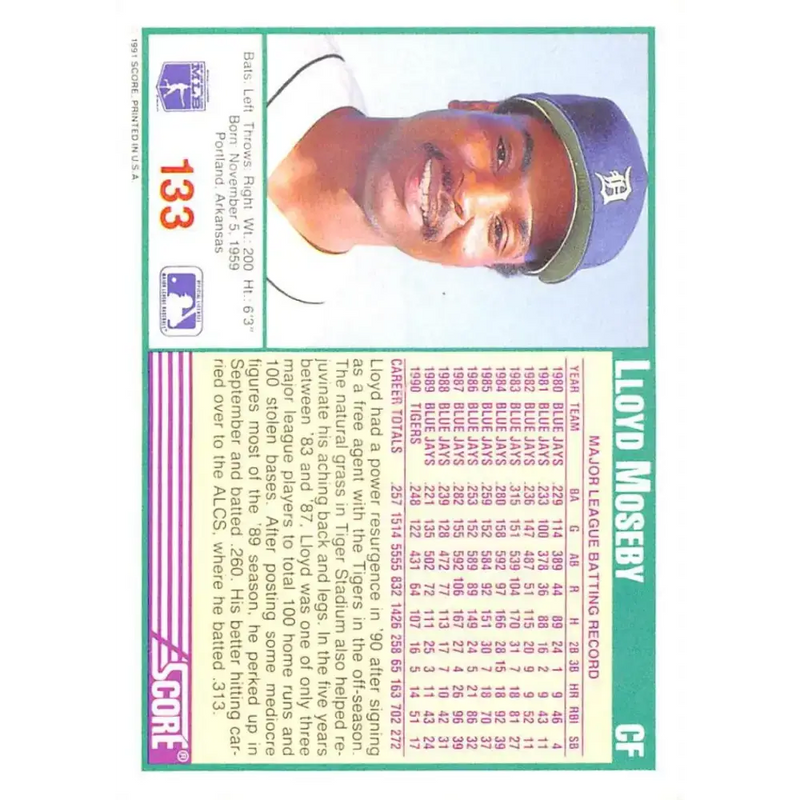 1991 Score #133 Lloyd Moseby NM-MT Detroit Tigers Baseball Card - Baseball Card Single
