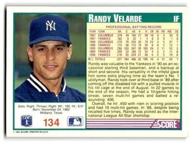 1991 Score #134 Randy Velarde - Baseball Card Single