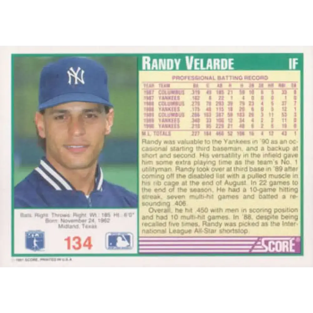 1991 Score #134 Randy Velarde NM-MT New York Yankees Baseball Card - Baseball Card Single