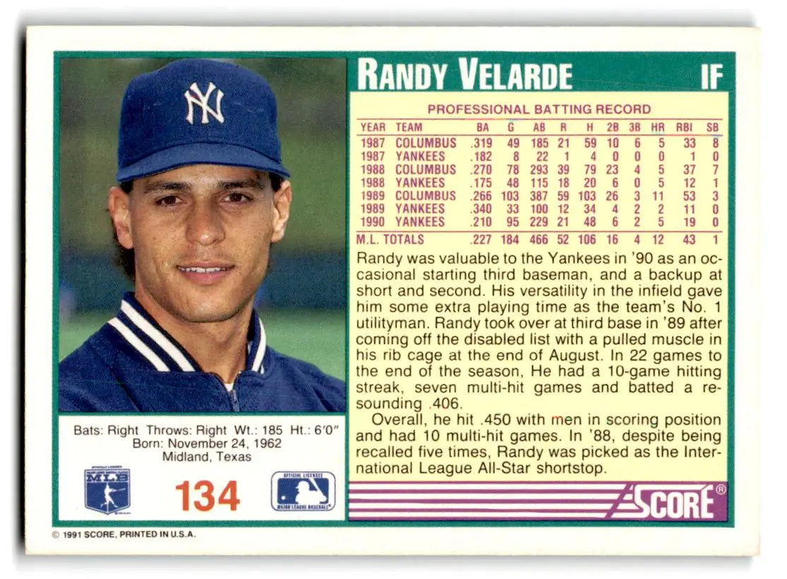 1991 Score #134 Randy Velarde - Baseball Card Single