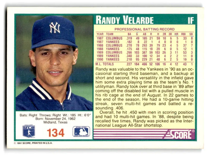 1991 Score #134 Randy Velarde - Baseball Card Single