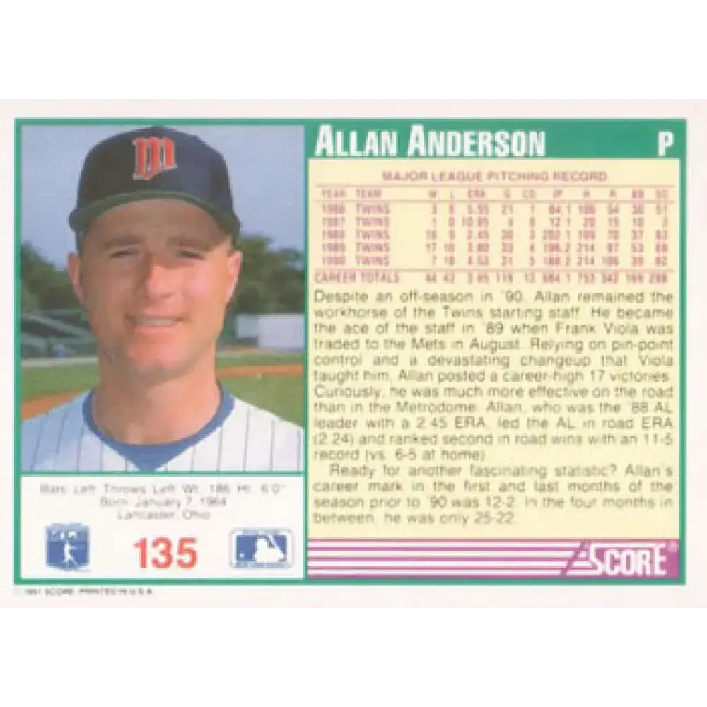 1991 Score #135 Allan Anderson NM-MT Minnesota Twins Baseball Card - Baseball Card Single