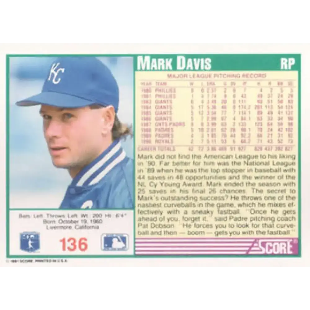 1991 Score #136 Mark Davis NM-MT Kansas City Royals Baseball Card - Baseball Card Single