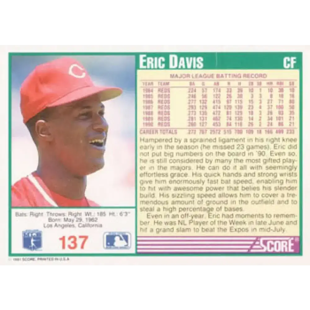 1991 Score #137 Eric Davis NM-MT Cincinnati Reds Baseball Card - Baseball Card Single