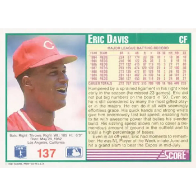 1991 Score #137 Eric Davis NM-MT Cincinnati Reds Baseball Card - Baseball Card Single