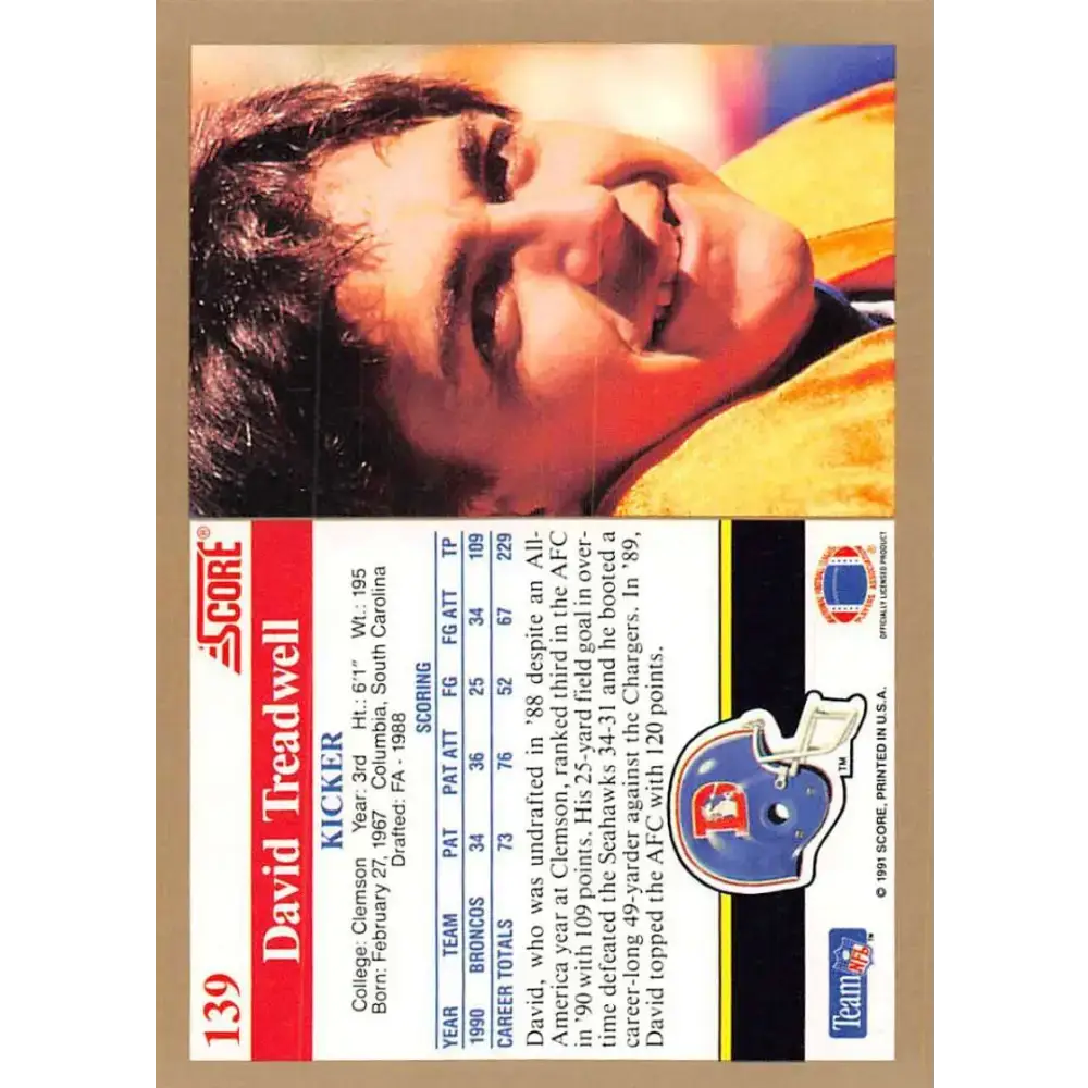 1991 Score #139 David Treadwell EX Excellent Denver Broncos Football Card - Football Card Single
