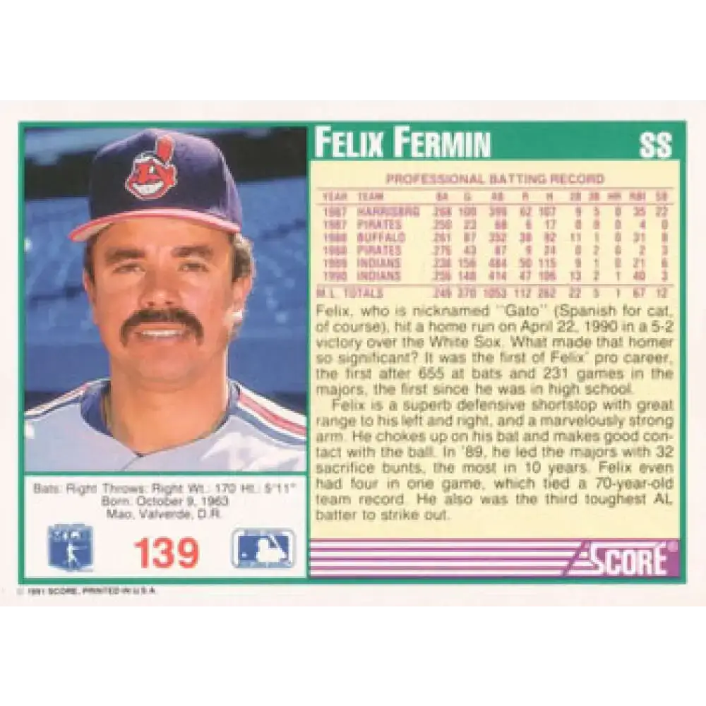 1991 Score #139 Felix Fermin NM-MT Cleveland Indians Baseball Card - Baseball Card Single