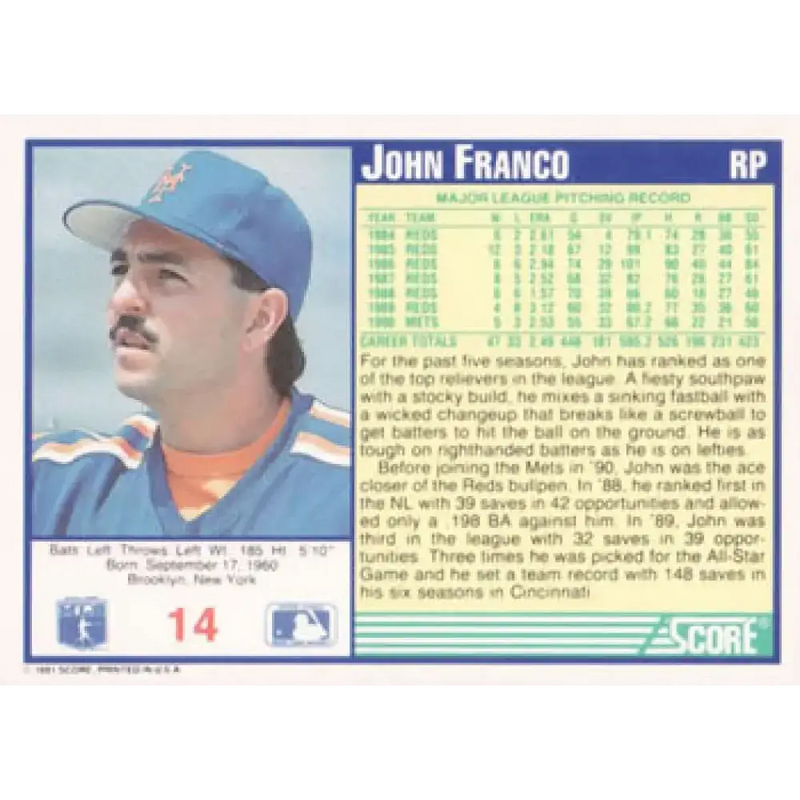 1991 Score #14 John Franco NM-MT New York Mets Baseball Card - Baseball Card Single