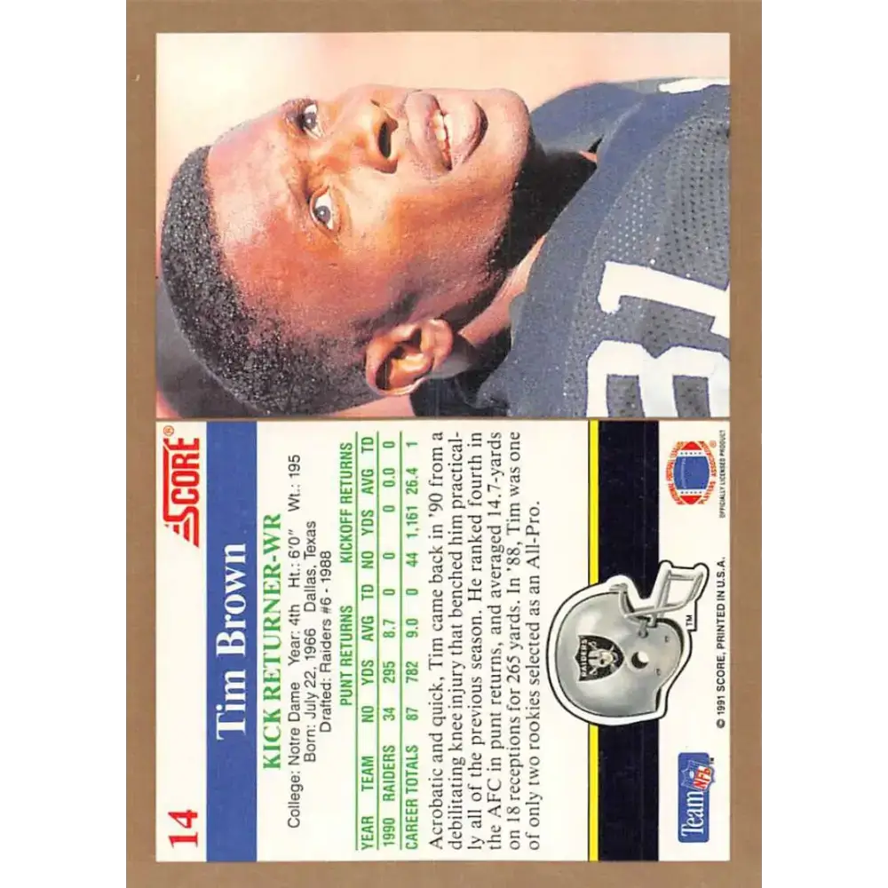 1991 Score #14 Tim Brown EX Excellent Los Angeles Raiders Football Card - Football Card Single