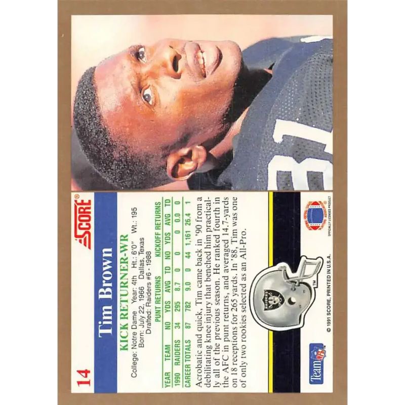 1991 Score #14 Tim Brown EX Excellent Los Angeles Raiders Football Card - Football Card Single
