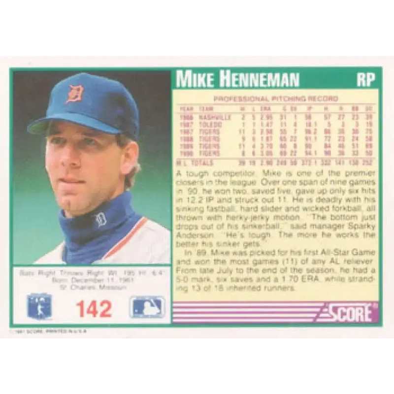 1991 Score #142 Mike Henneman NM-MT Detroit Tigers Baseball Card - Baseball Card Single
