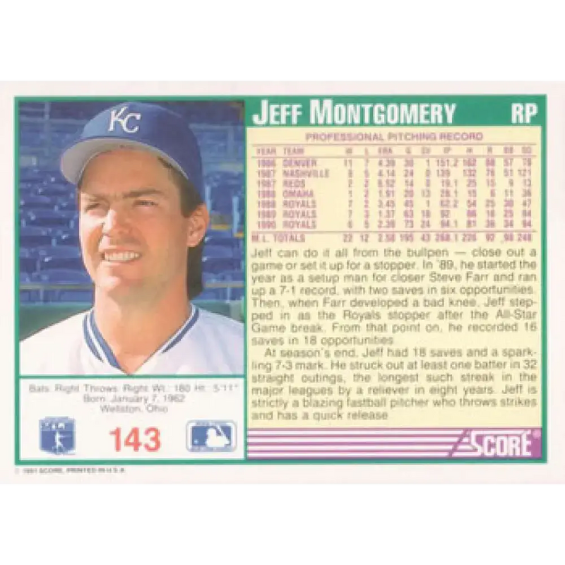 1991 Score #143 Jeff Montgomery NM-MT Kansas City Royals Baseball Card - Baseball Card Single