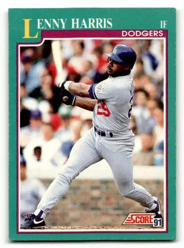 Lenny Harris Los Angeles Dodgers baseball card from 1991 Score #144 featuring Harris Los Angeles