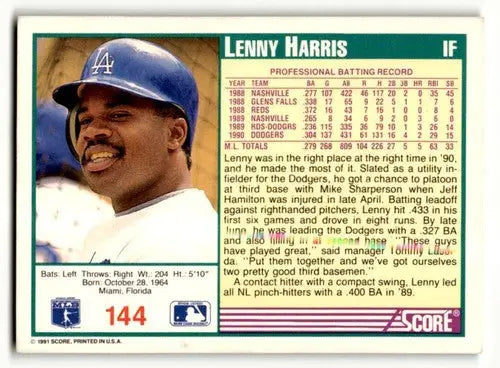 Lenny Harris Los Angeles Dodgers baseball card from 1991 Score series