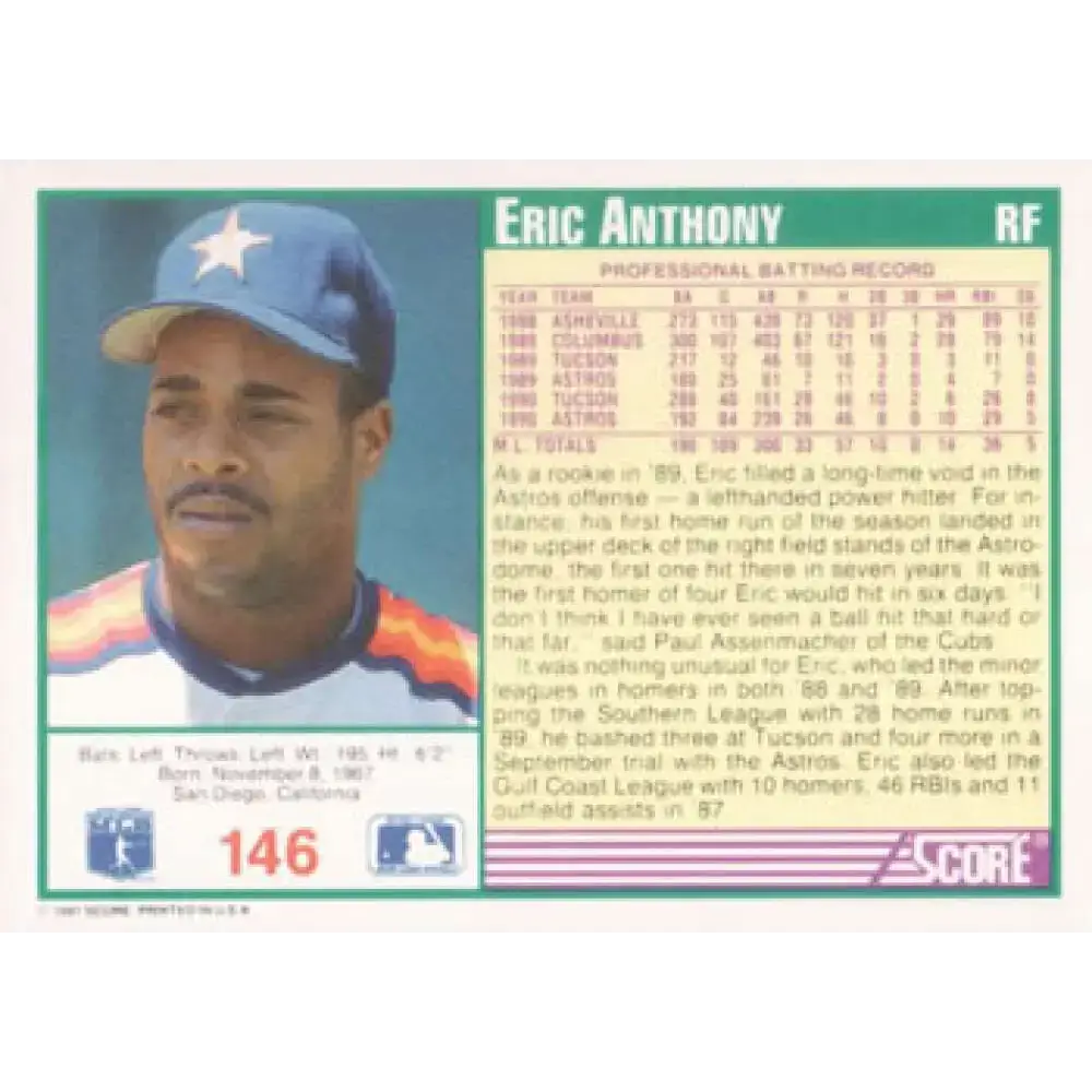 1991 Score #146 Eric Anthony NM-MT Houston Astros Baseball Card - Baseball Card Single