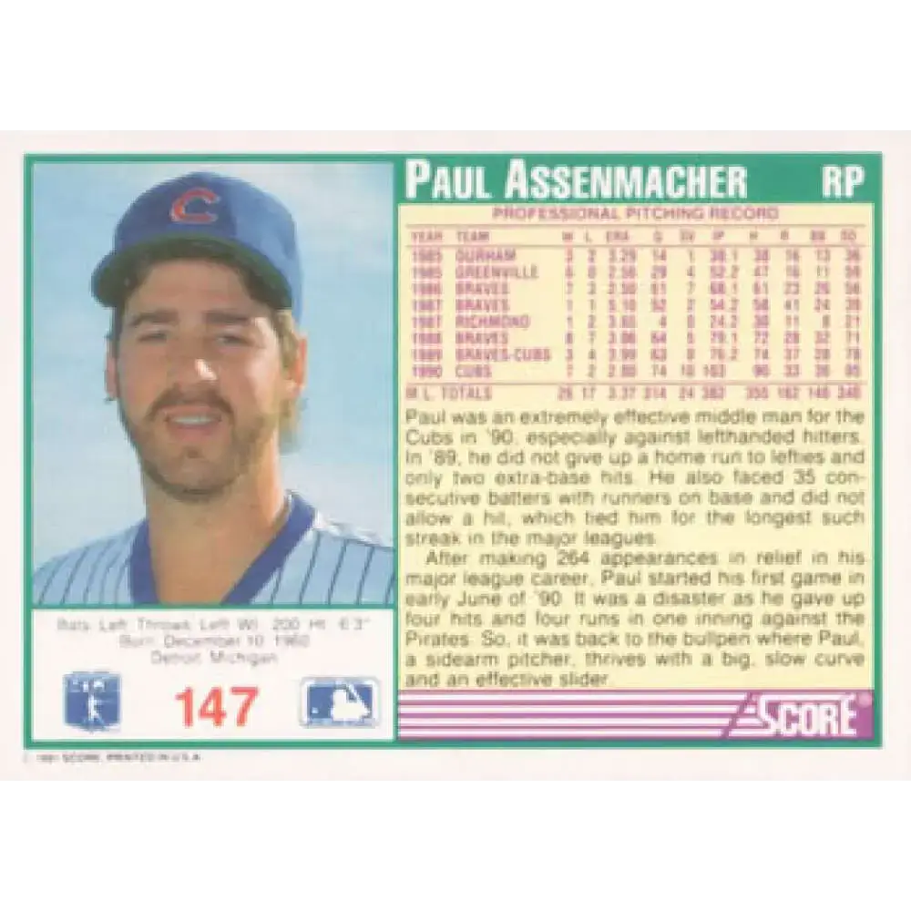 1991 Score #147 Paul Assenmacher NM-MT Chicago Cubs Baseball Card - Baseball Card Single