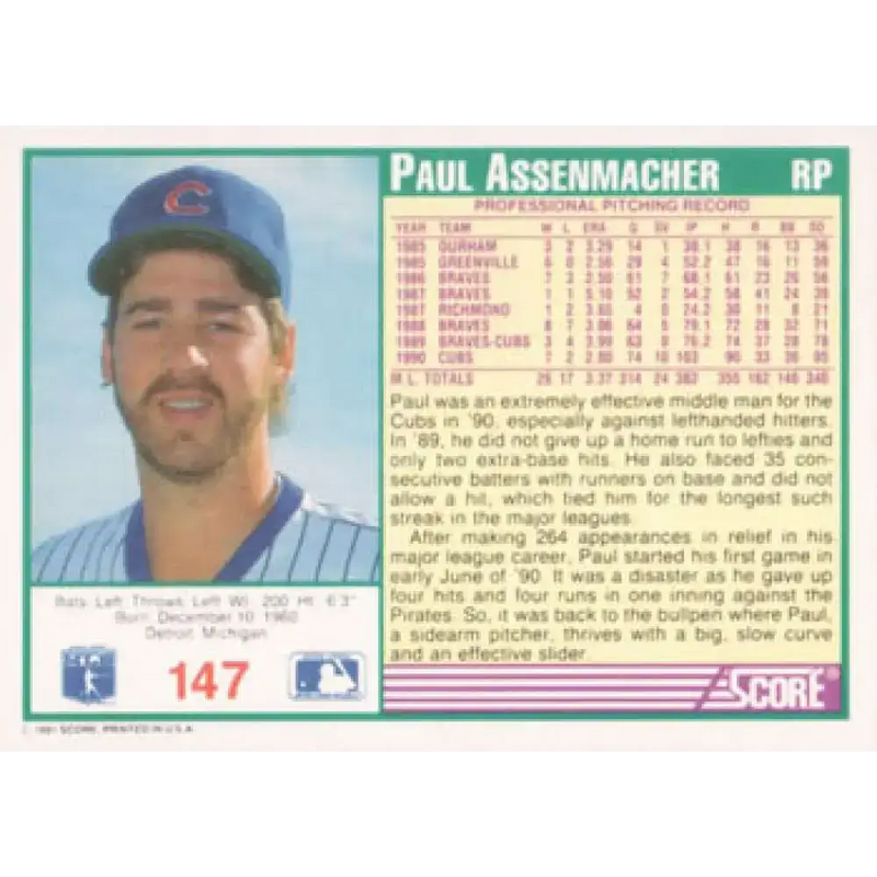 1991 Score #147 Paul Assenmacher NM-MT Chicago Cubs Baseball Card - Baseball Card Single