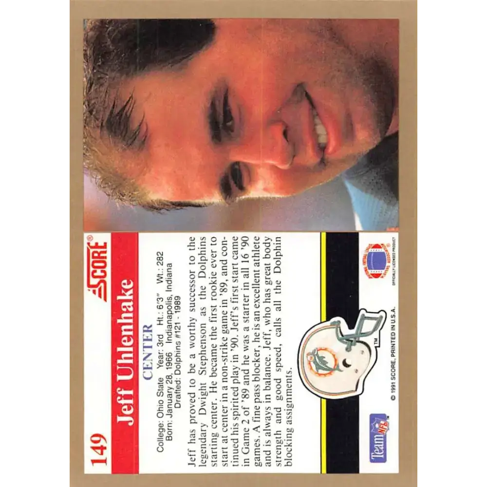 1991 Score #149 Jeff Uhlenhake EX Excellent Miami Dolphins Football Card - Football Card Single