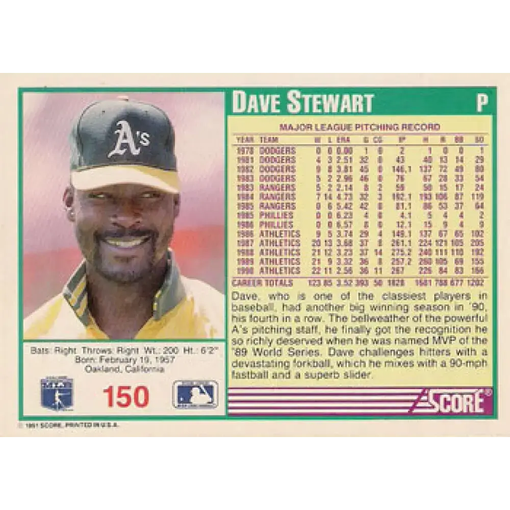 1991 Score #150 Dave Stewart NM-MT Oakland Athletics Baseball Card - Baseball Card Single