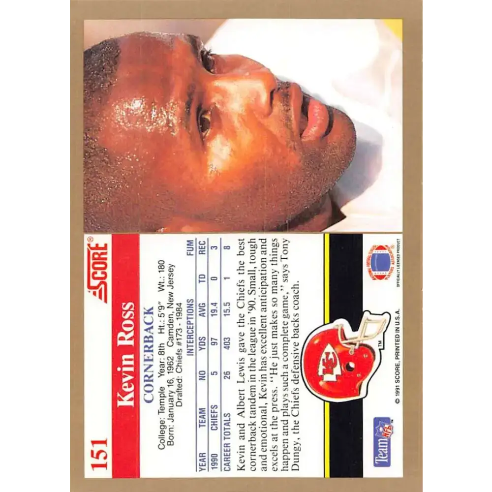 1991 Score #151 Kevin Ross EX Excellent Kansas City Chiefs Football Card - Football Card Single