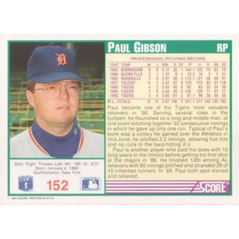 1991 Score #152 Paul Gibson NM-MT Detroit Tigers Baseball Card - Baseball Card Single
