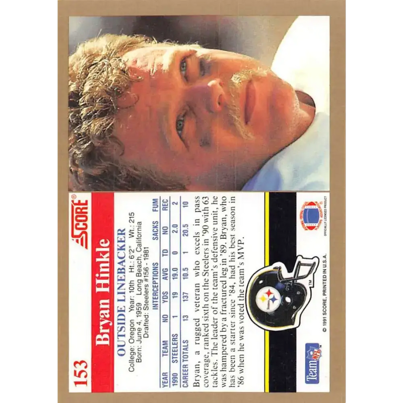 1991 Score #153 Bryan Hinkle EX Excellent Pittsburgh Steelers Football Card - Football Card Single