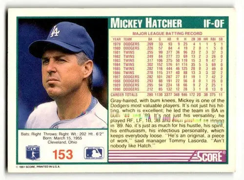 1991 Score #153 Mickey Hatcher Los Angeles Dodgers Baseball Cards EX ID:55175 - Baseball Card Single