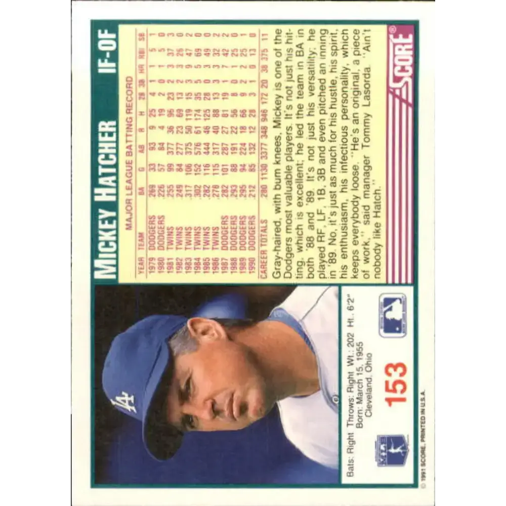 1991 Score #153 Mickey Hatcher NM-MT Los Angeles Dodgers Baseball Card - Baseball Card Single