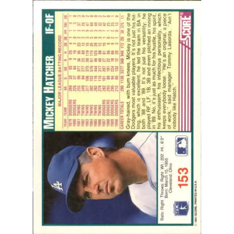 1991 Score #153 Mickey Hatcher NM-MT Los Angeles Dodgers Baseball Card - Baseball Card Single