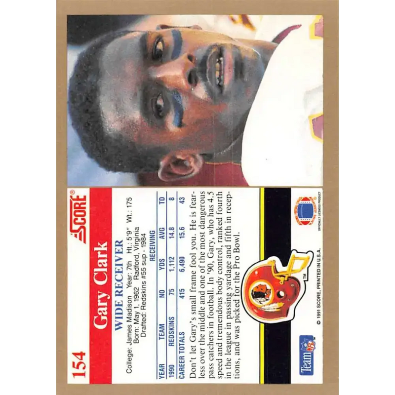 1991 Score #154 Gary Clark EX Excellent Washington Redskins Football Card - Football Card Single