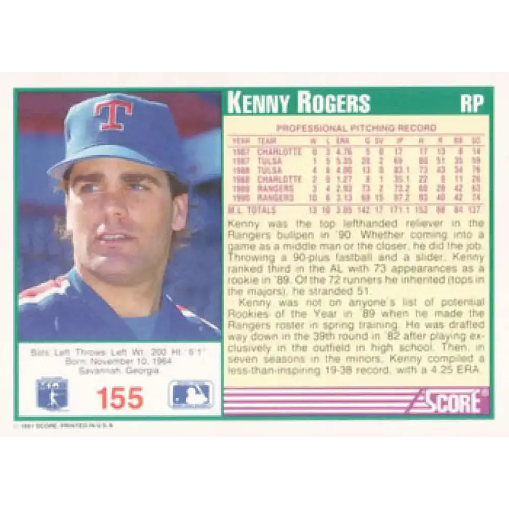 1991 Score #155 Kenny Rogers NM-MT Texas Rangers Baseball Card - Baseball Card Single