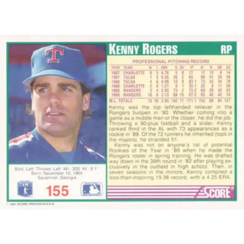 1991 Score #155 Kenny Rogers NM-MT Texas Rangers Baseball Card - Baseball Card Single