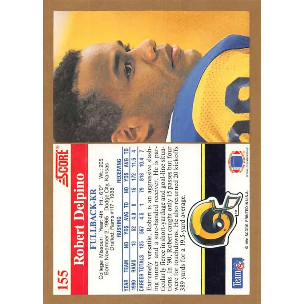 1991 Score #155 Robert Delpino EX Excellent Los Angeles Rams Football Card - Football Card Single