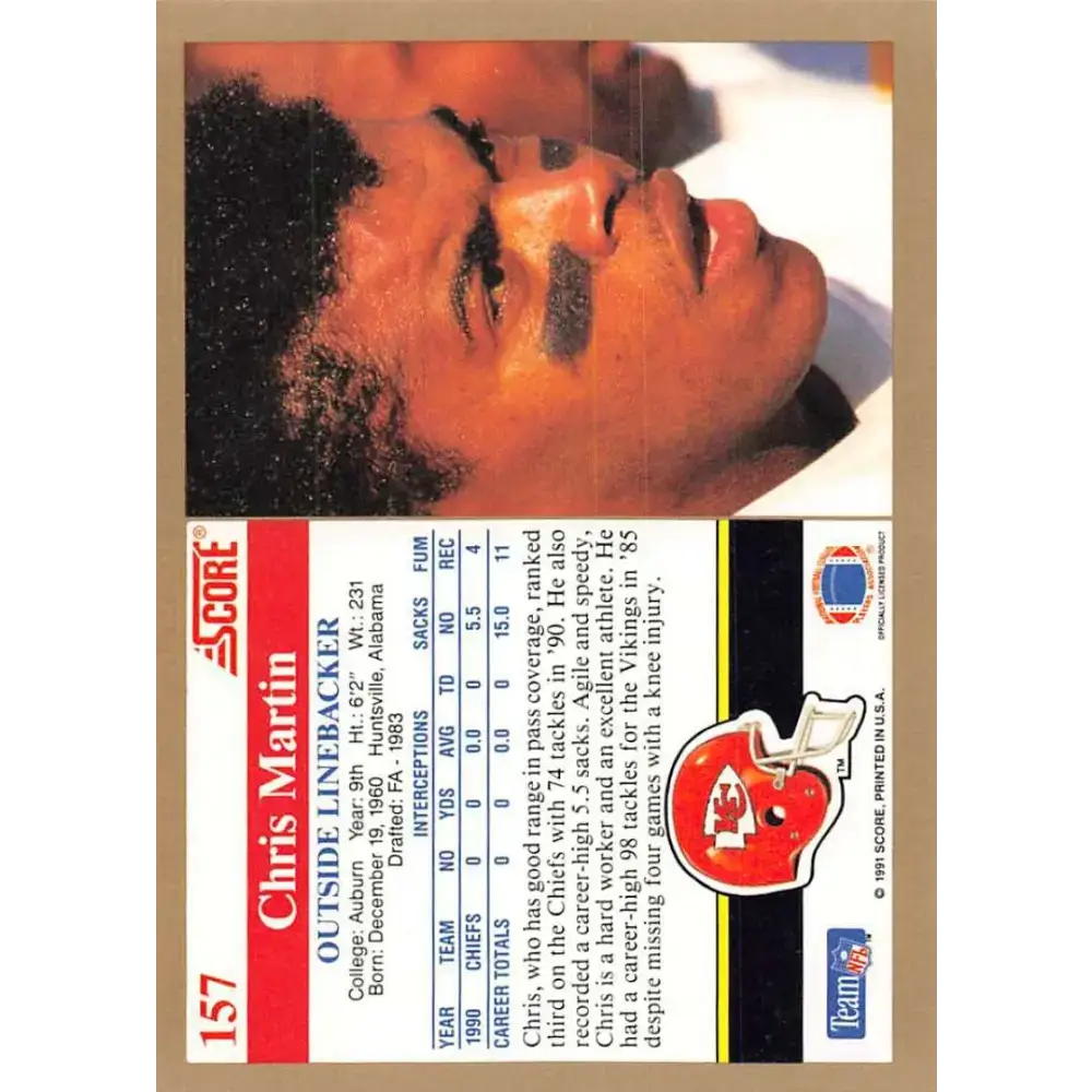 1991 Score #157 Chris Martin EX Excellent Kansas City Chiefs Football Card - Football Card Single