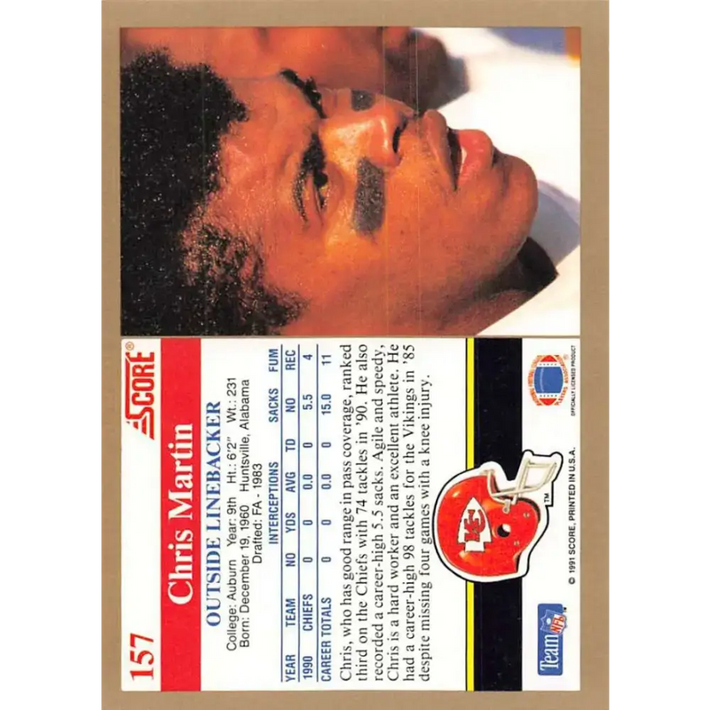1991 Score #157 Chris Martin EX Excellent Kansas City Chiefs Football Card - Football Card Single
