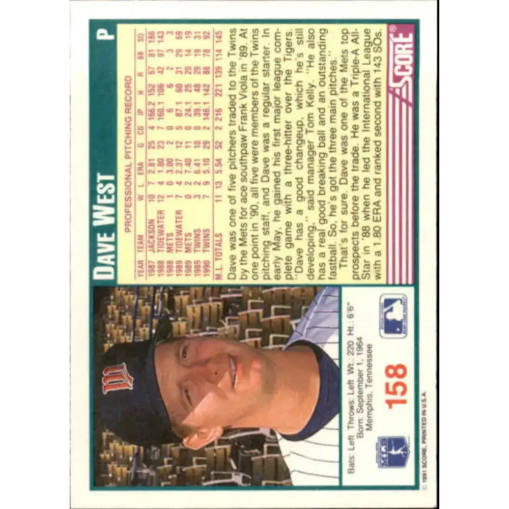 1991 Score #158 David West NM-MT Minnesota Twins Baseball Card - Baseball Card Single