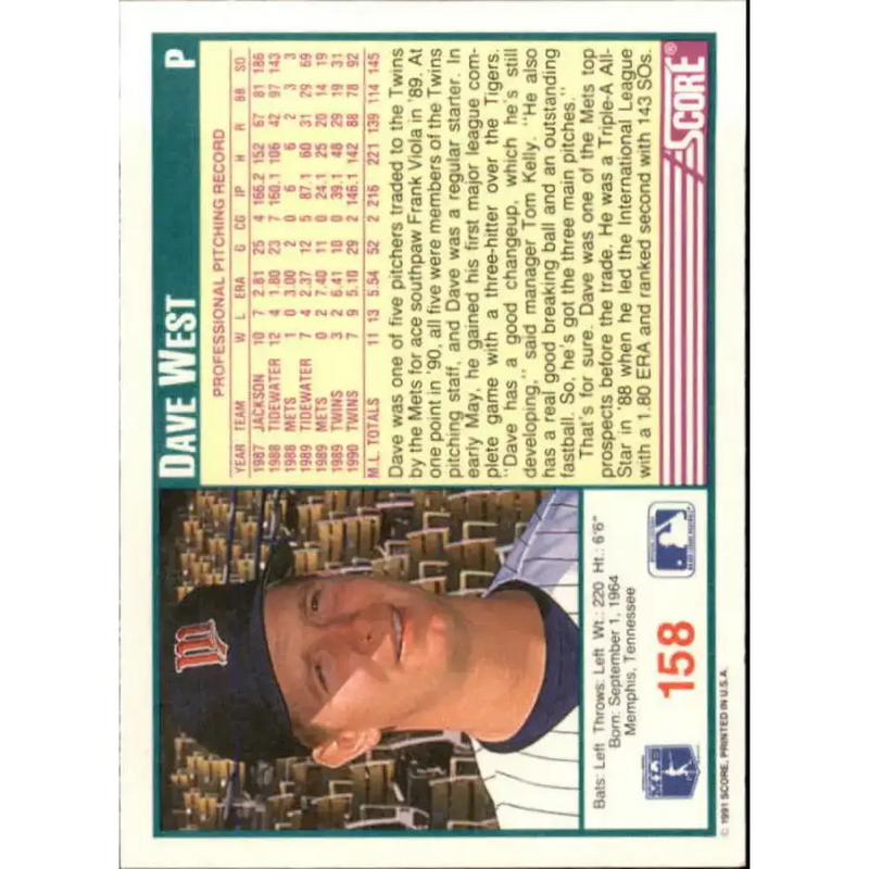 1991 Score #158 David West NM-MT Minnesota Twins Baseball Card - Baseball Card Single