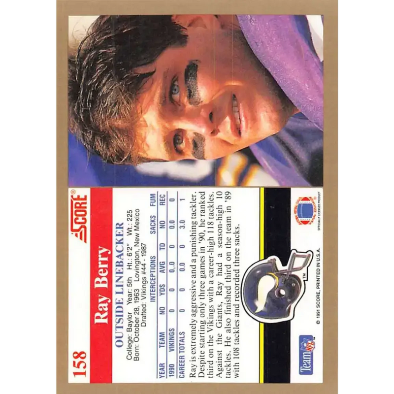 1991 Score #158 Ray Berry EX Excellent Minnesota Vikings Football Card - Football Card Single