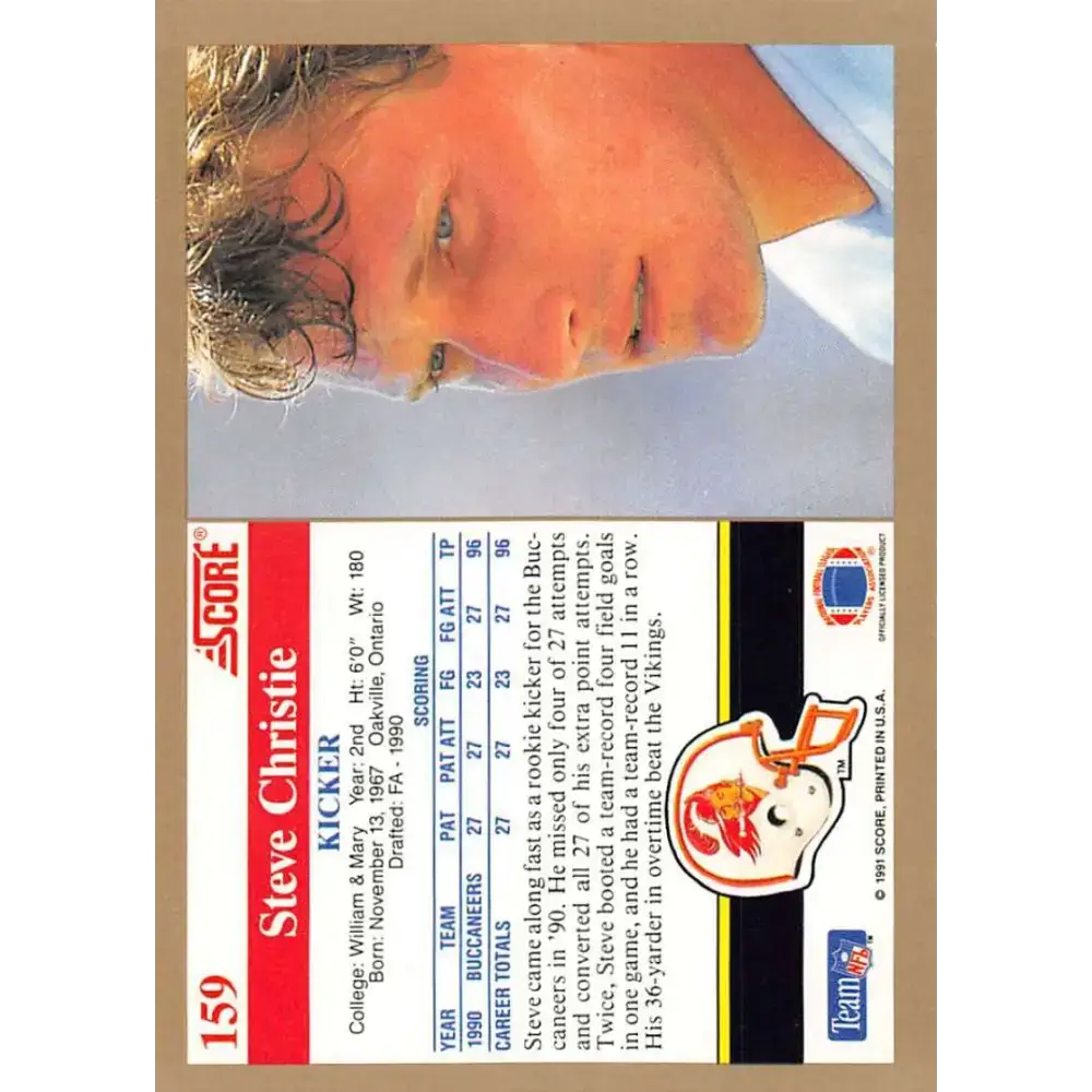 1991 Score #159 Steve Christie EX Excellent Tampa Bay Buccaneers Football Card - Football Card Single