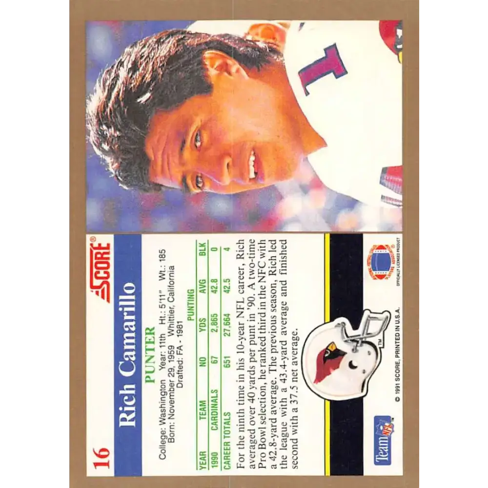 1991 Score #16 Rich Camarillo EX Excellent Phoenix Cardinals Football Card - Football Card Single