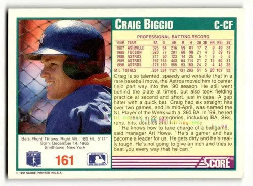 Original gloss Craig Biggio Houston baseball card from 1991 Score #161 Biggio Houston Astros