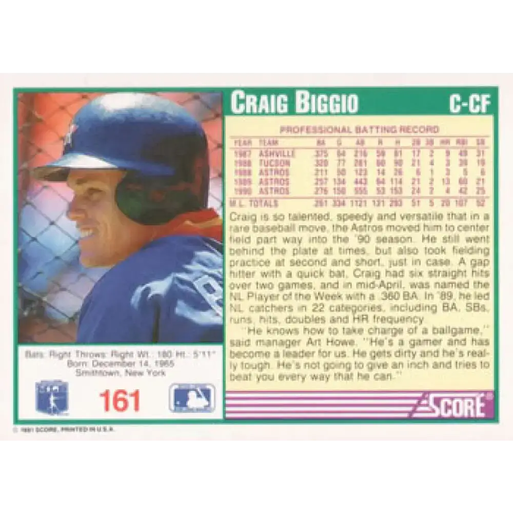 1991 Score #161 Craig Biggio NM-MT Houston Astros Baseball Card - Baseball Card Single
