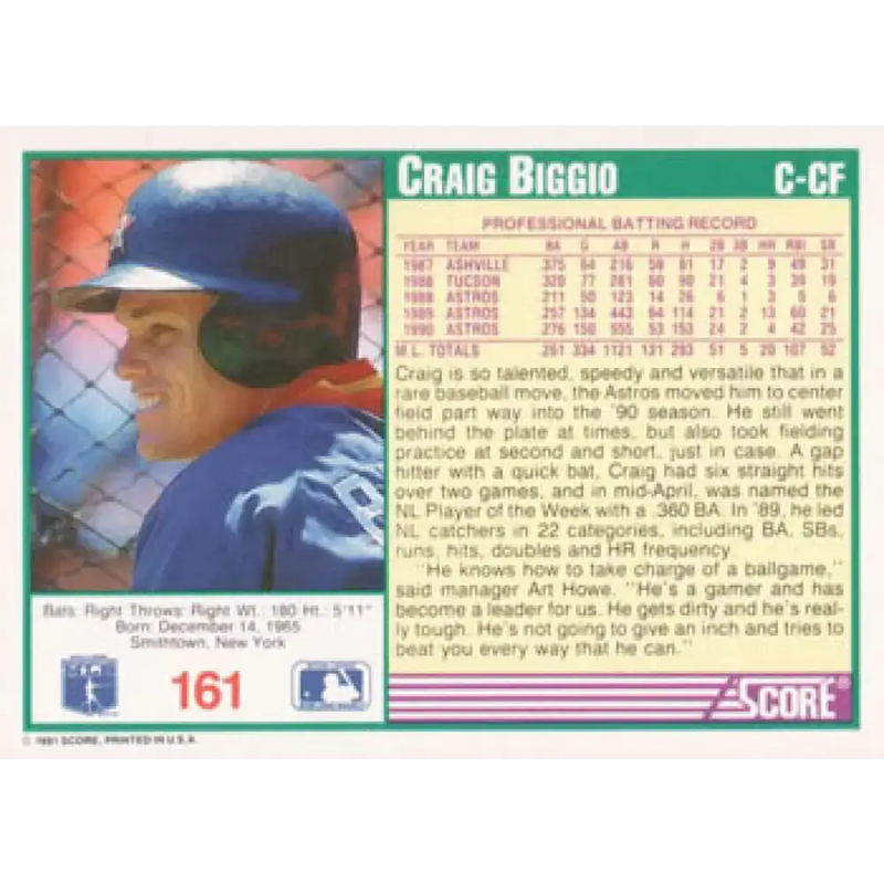 1991 Score #161 Craig Biggio NM-MT Houston Astros Baseball Card - Baseball Card Single